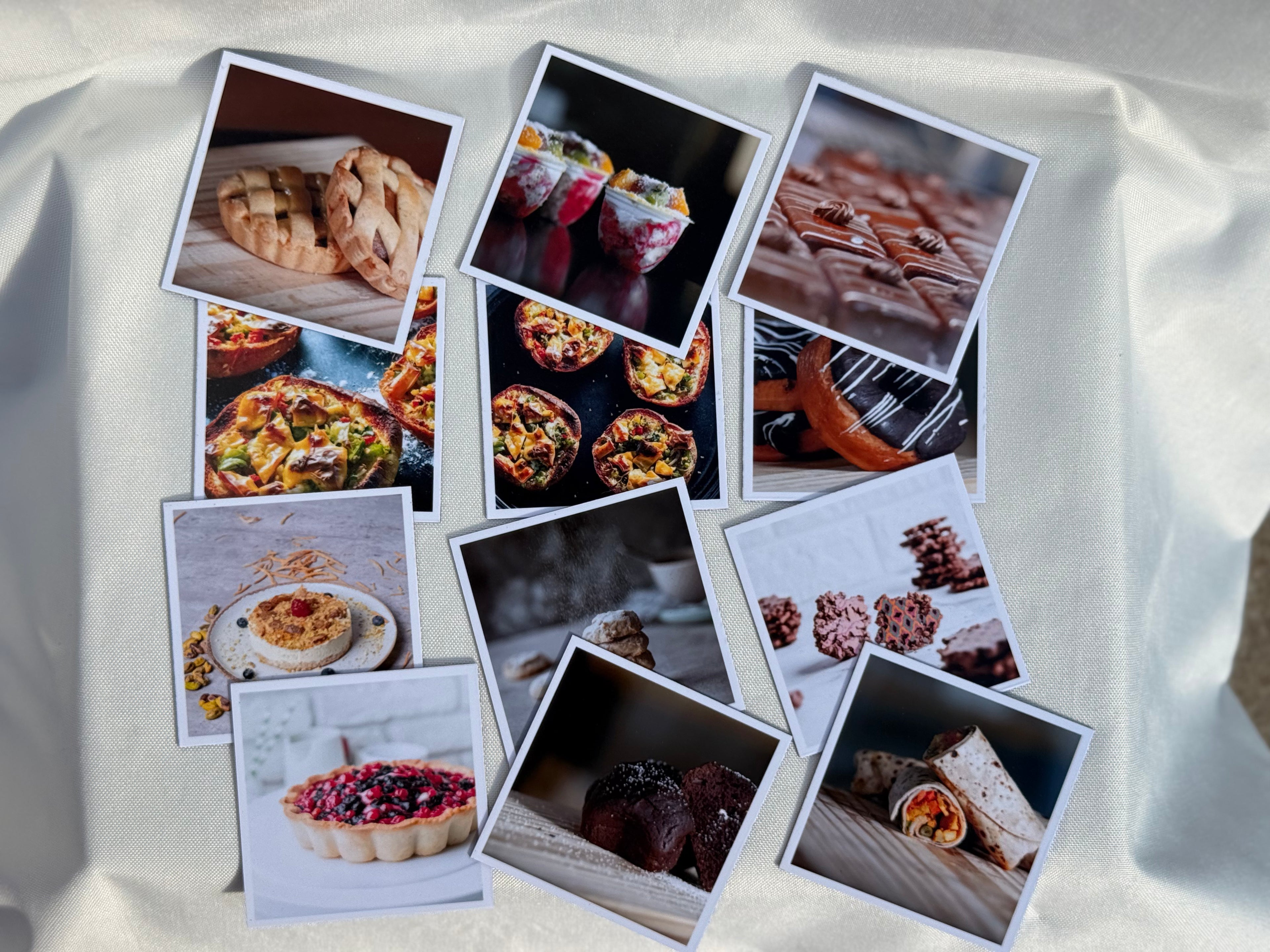 Collection of food photographs on a textured surface